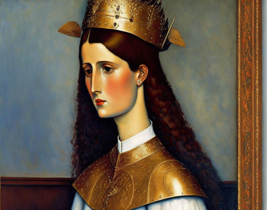 Medieval woman in armor and crown with solemn expression on blue background