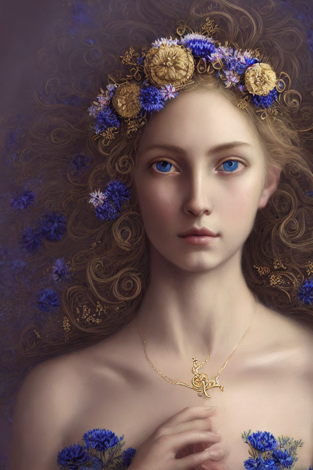 Portrait of woman with voluminous wavy hair & floral crown, blue eyes, gold necklace