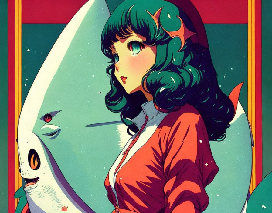 Colorful Illustration: Girl with Green Hair and Crescent Moon Clips beside Whimsical Fish