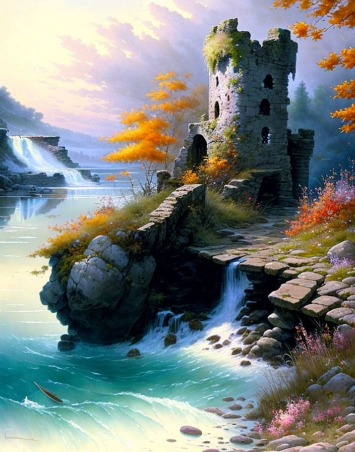 Old stone tower by serene river in autumnal setting