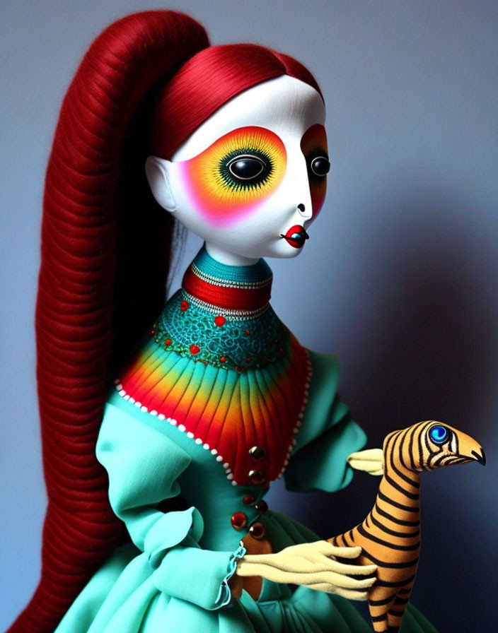 Colorful Doll with Red Hair and Blue Dress Holding Striped Figurine