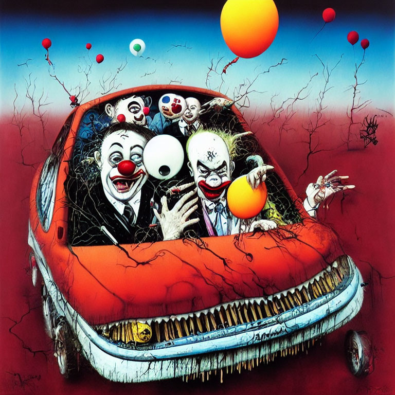 Colorful Clown Painting with Five Clowns in Small Car