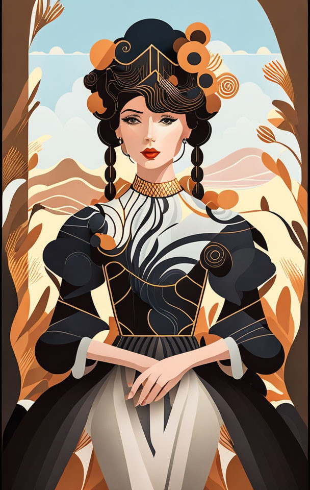 Stylized woman illustration with traditional hairstyle and ornate clothing in autumnal setting