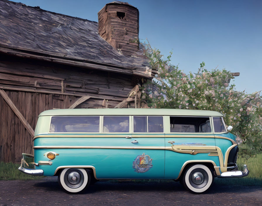 Vintage Teal and White Bus Next to Old Wooden House with Blooming Tree