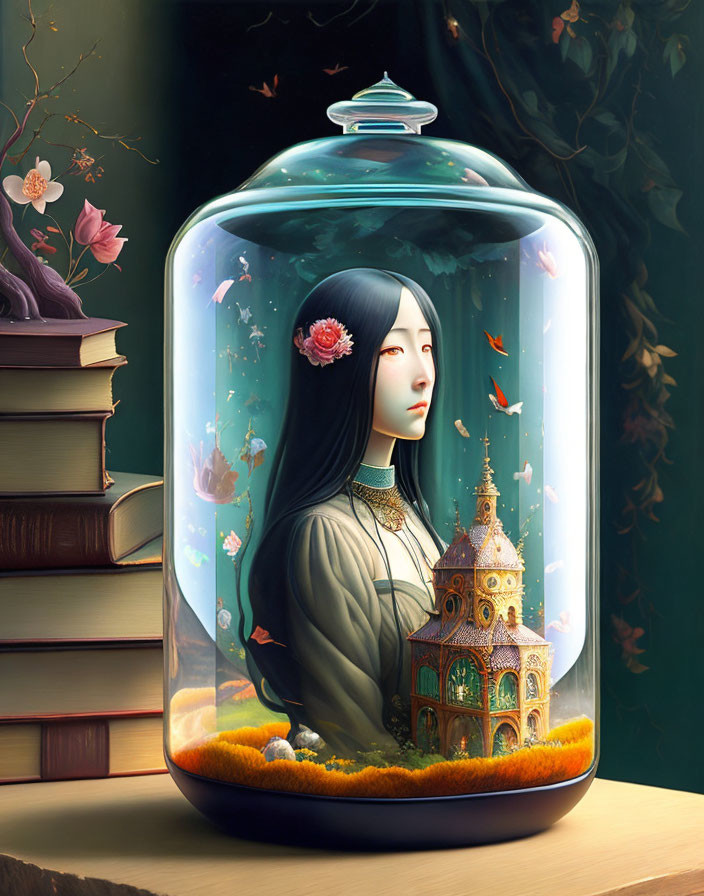 Surreal illustration of woman in jar with fish, church, books, and floral background