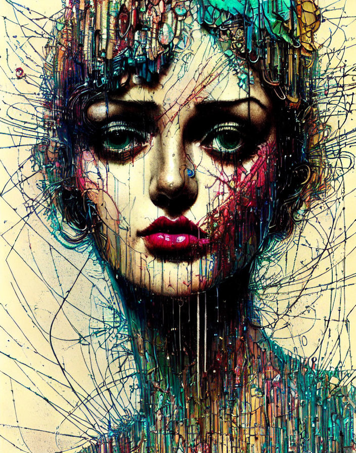 Vibrant abstract portrait with chaotic lines and splashes on a woman's face