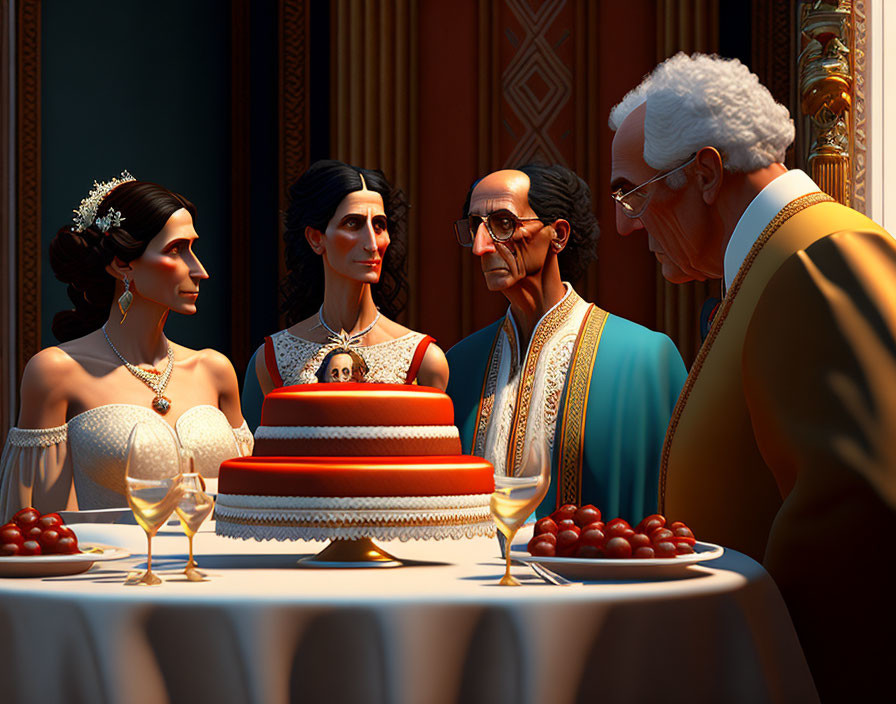 Animated dinner table scene with two couples, cake, wine, grapes, tiaras, and formal attire