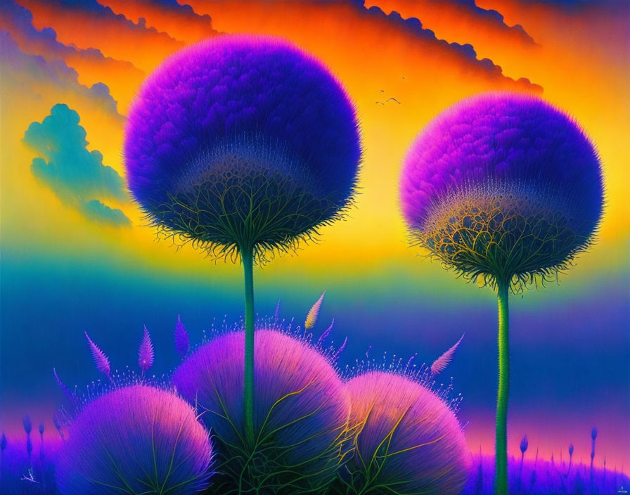 Colorful Fantasy Dandelions Painting in Sunset Sky