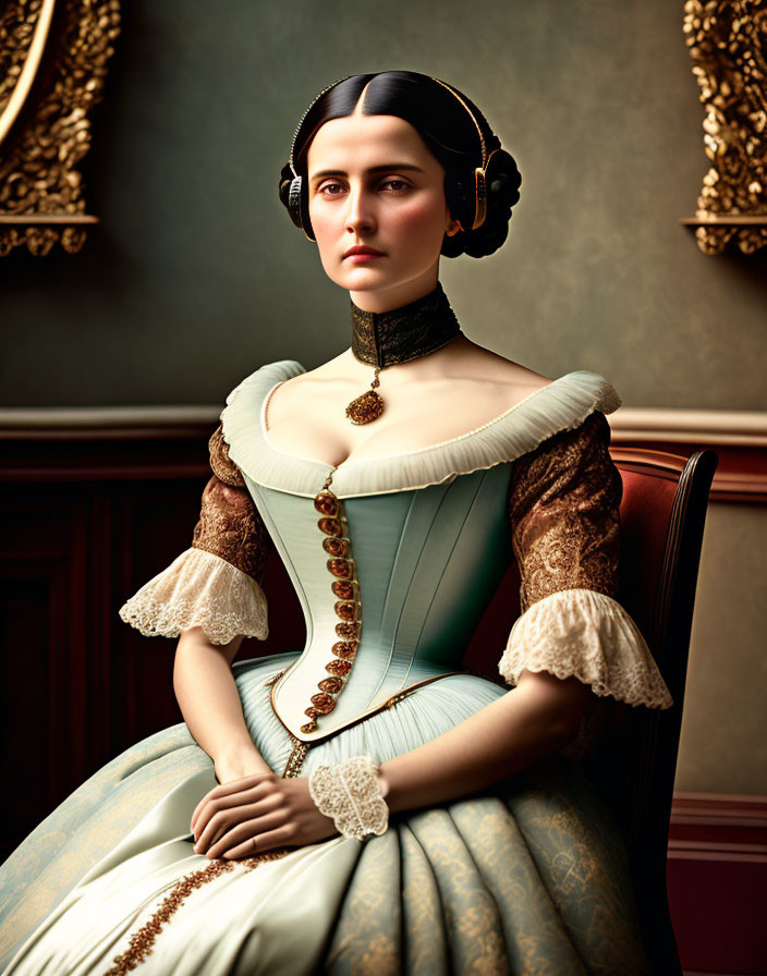 Victorian-style dressed woman in portrait gaze.