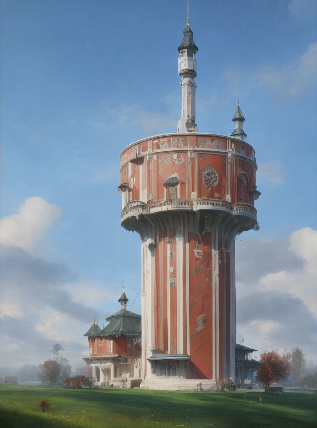 Elaborately decorated water tower with spires against blue sky