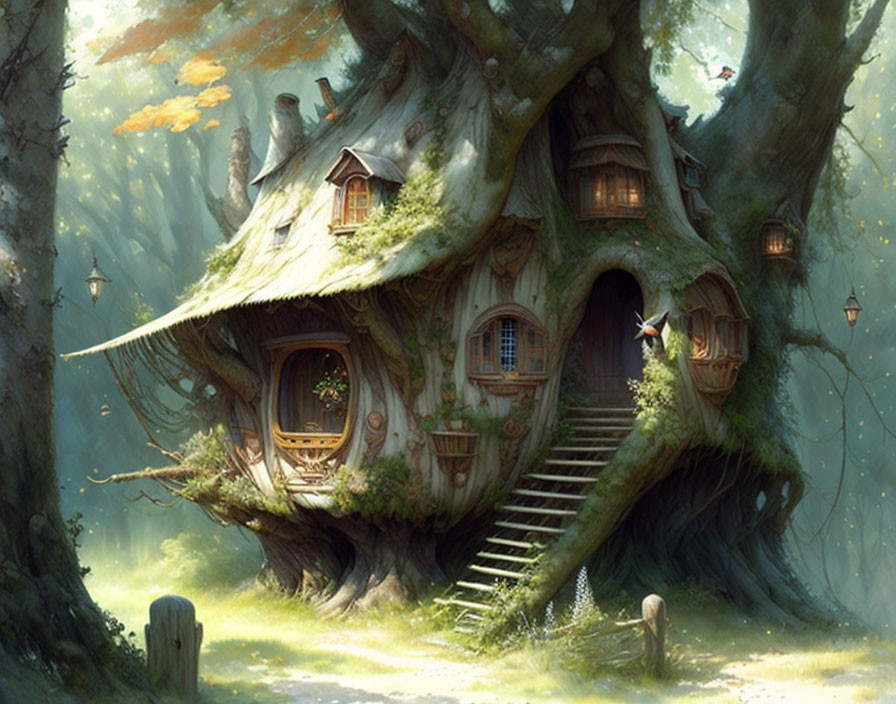 Enchanted forest glade: whimsical treehouse with staircase