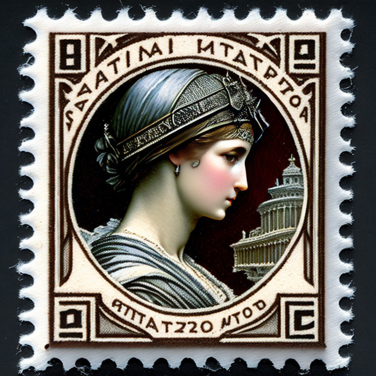 Vintage postage stamp with profile of classical woman, headband, intricate border, and Cyrillic text.