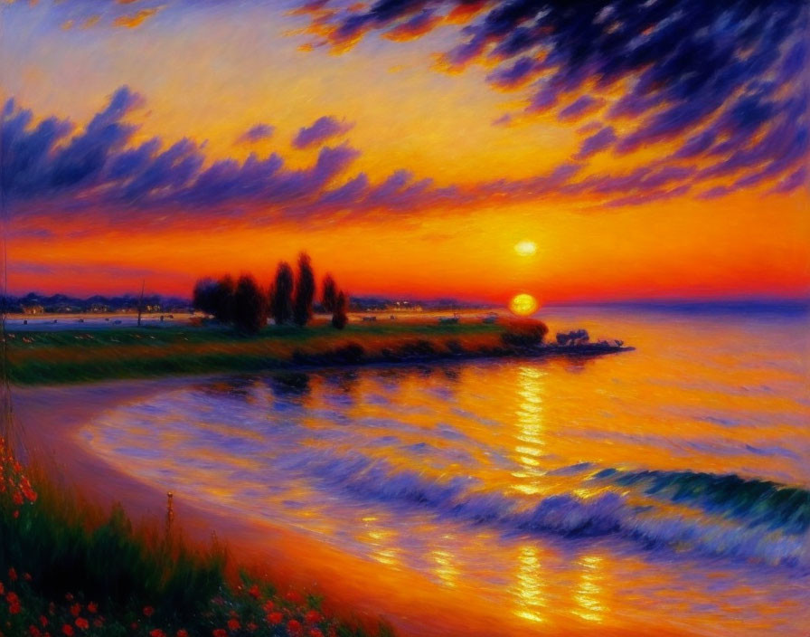 Tranquil sea sunset with orange and purple clouds reflecting on water