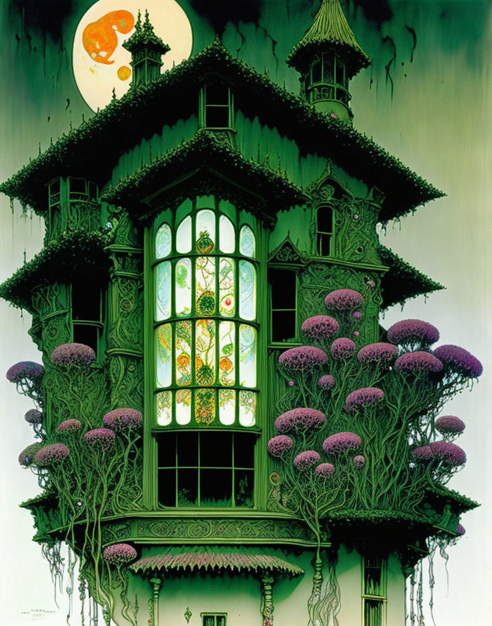 Detailed whimsical illustration of green house on purple mushrooms under full moon