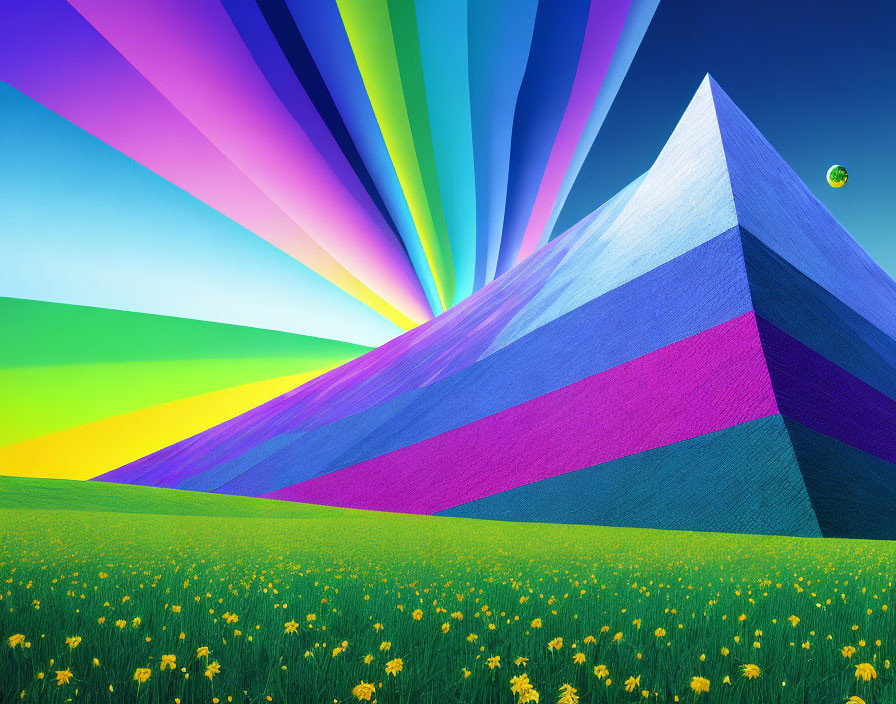 Colorful Striped Pyramid with Light Rays on Blue Sky and Green Field