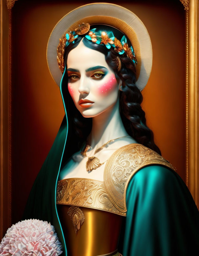 Woman with Golden Halo and Teal Cloak Holding Flower