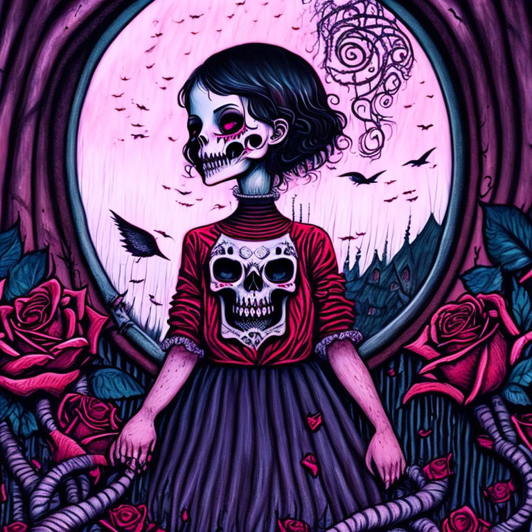 Gothic girl with skull face in skeleton dress among roses, birds, haunted house