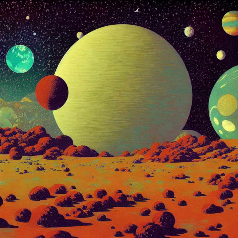 Colorful sci-fi landscape with large yellow planet and starry sky