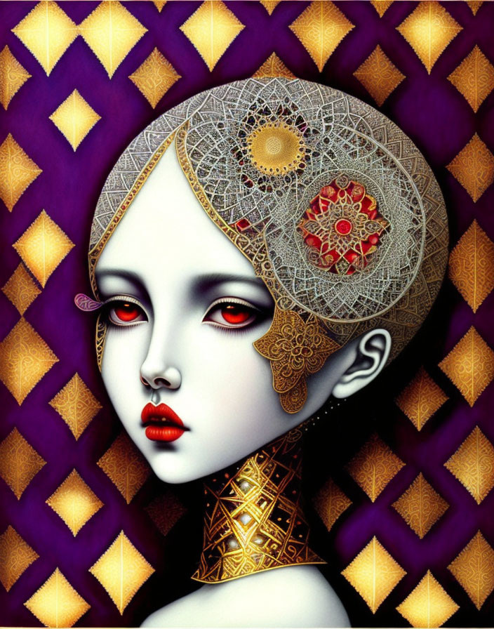 Stylized woman with pale skin and gold head adornments on purple background