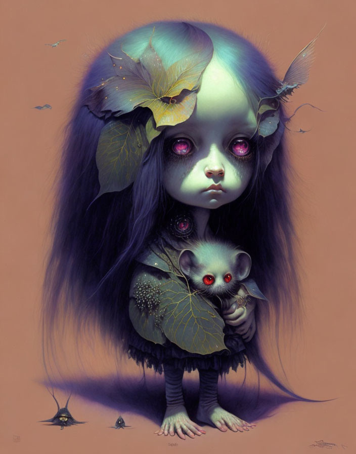 Illustration of girl with large eyes, dark hair, leaf crown, holding red-eyed mouse