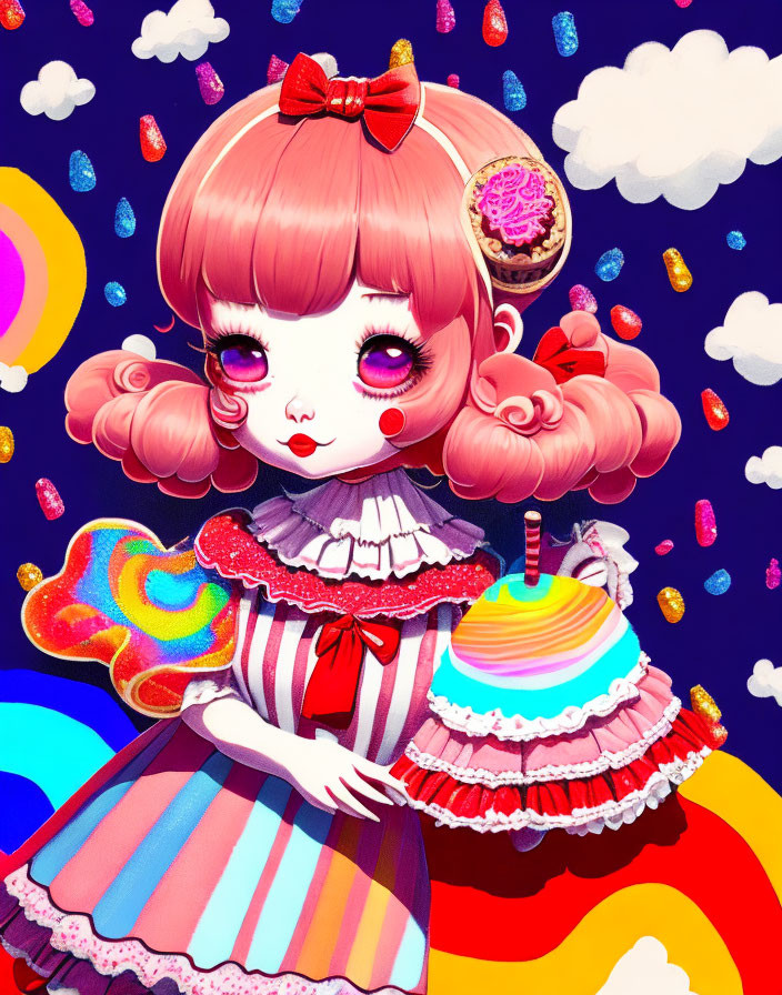 Vibrant illustration: girl with pink hair, bow, striped dress, cake hat, surrounded by