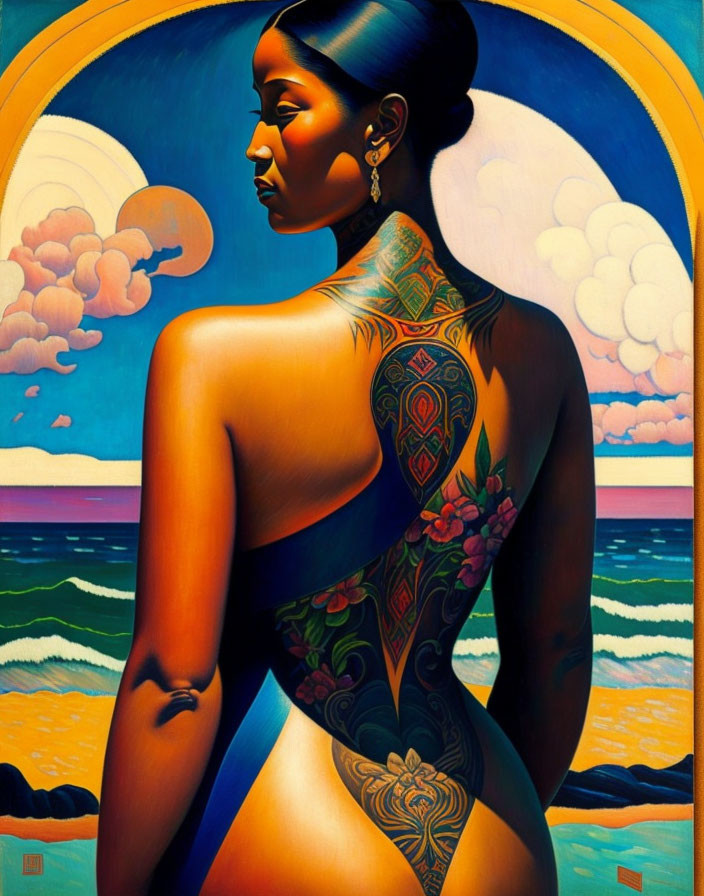 Woman with ornate back tattoo gazing at stylized ocean and sky