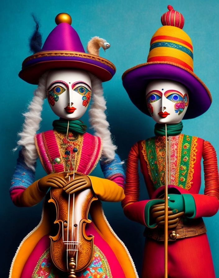 Colorful characters with painted faces and elaborate costumes on blue background