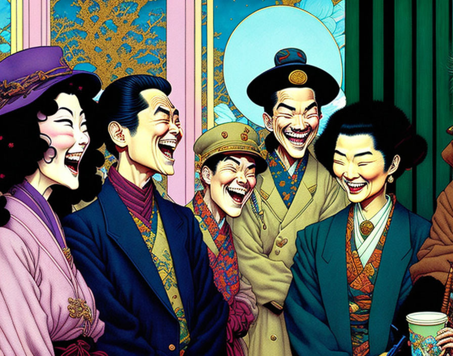 Five people in traditional Asian attire laughing against colorful background