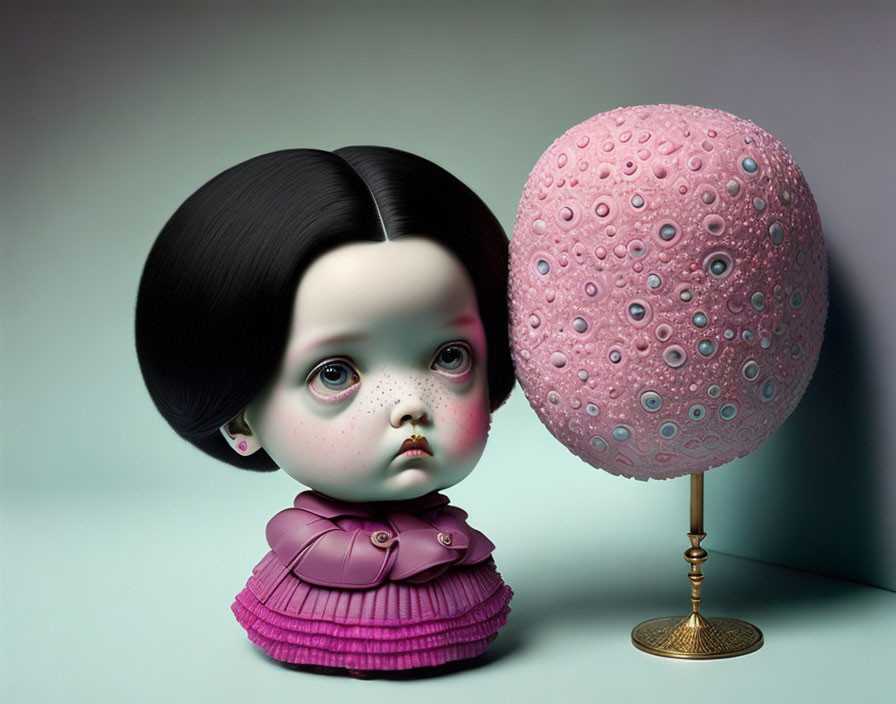 Surreal artwork: doll-like girl with large eyes and purple ruffled collar next to textured egg