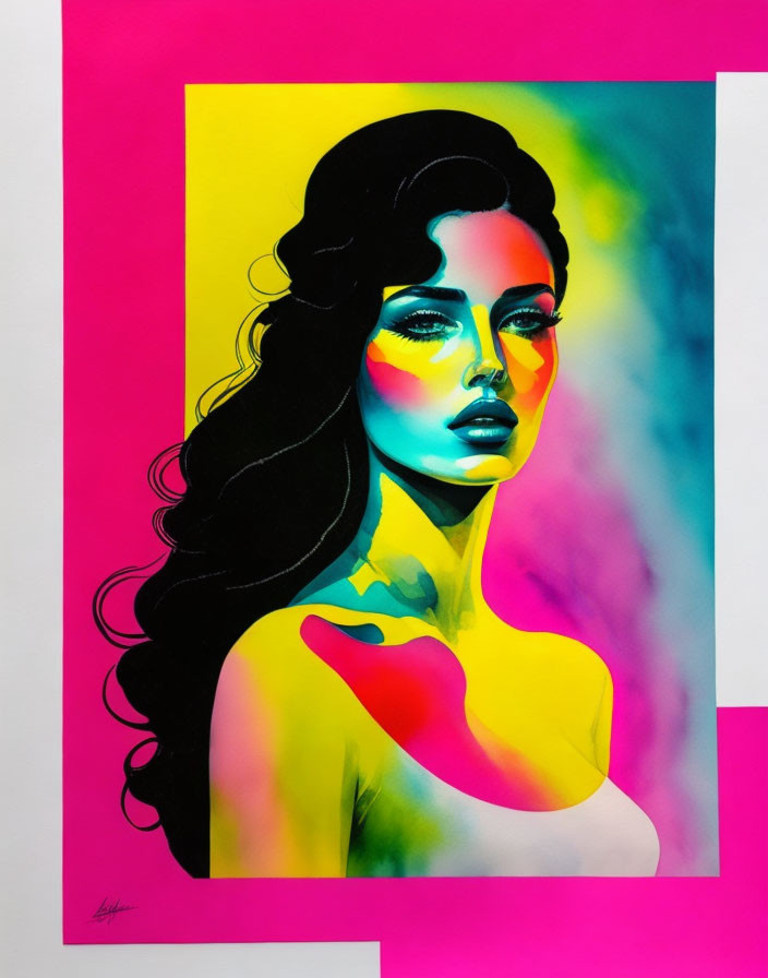 Vibrant stylized woman portrait with neon pink, yellow, and green tones on pink and yellow