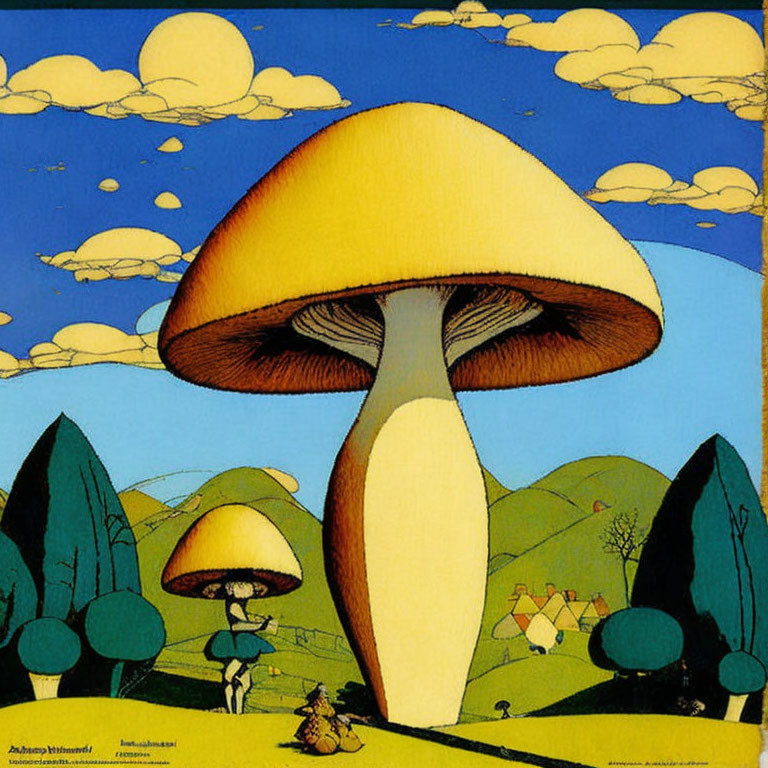 Whimsical illustration of oversized mushrooms in a landscape