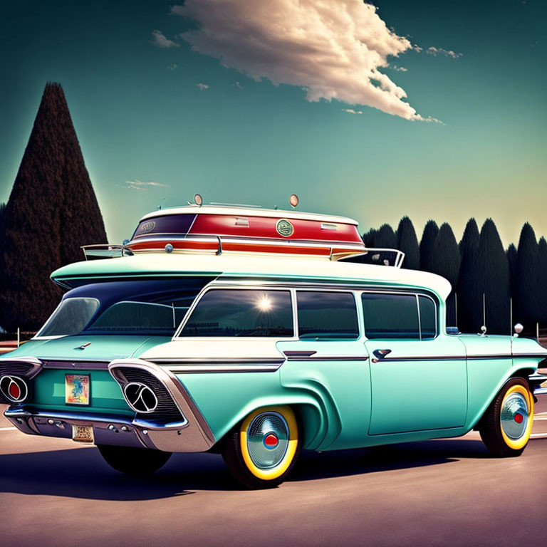 Vintage Turquoise Station Wagon with Surfboard Against Dusky Sky