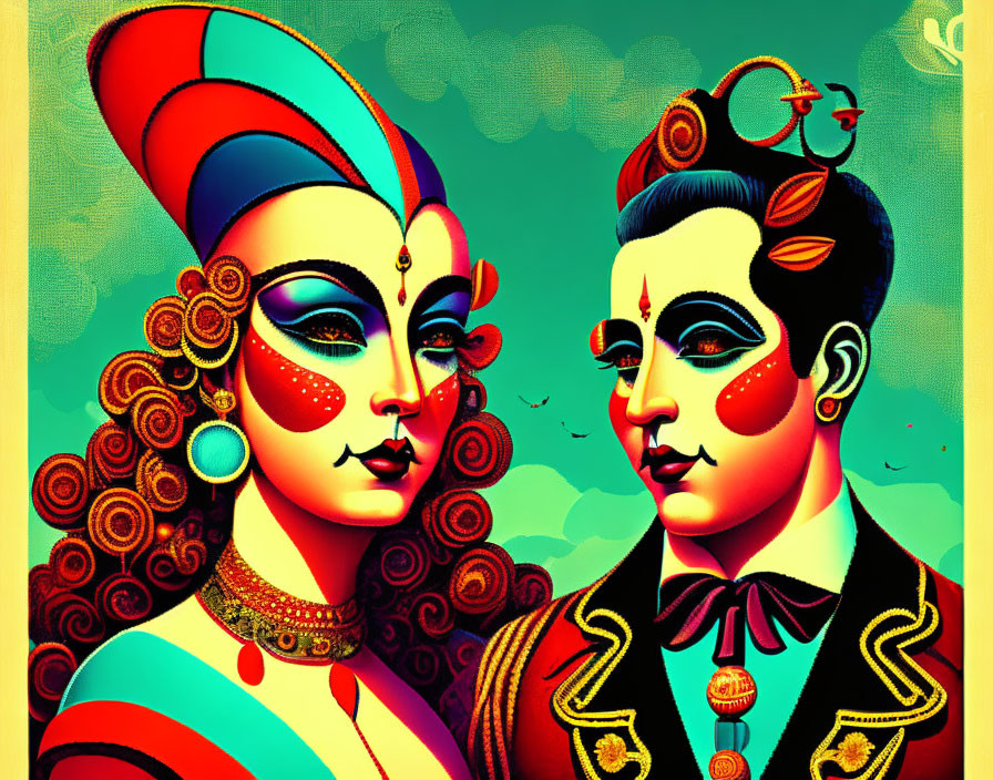 Colorful illustration: Stylized characters with elaborate hairstyles and ornate makeup on teal background