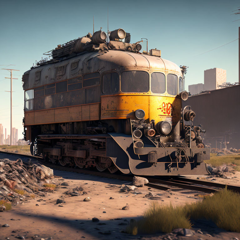 Vintage Yellow and Blue Locomotive on Rusty Tracks in Desolate Landscape