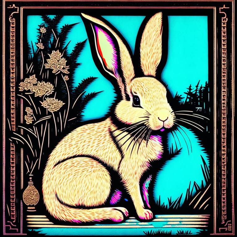 Colorful Rabbit Illustration with Flora in Black Frame on Turquoise Background