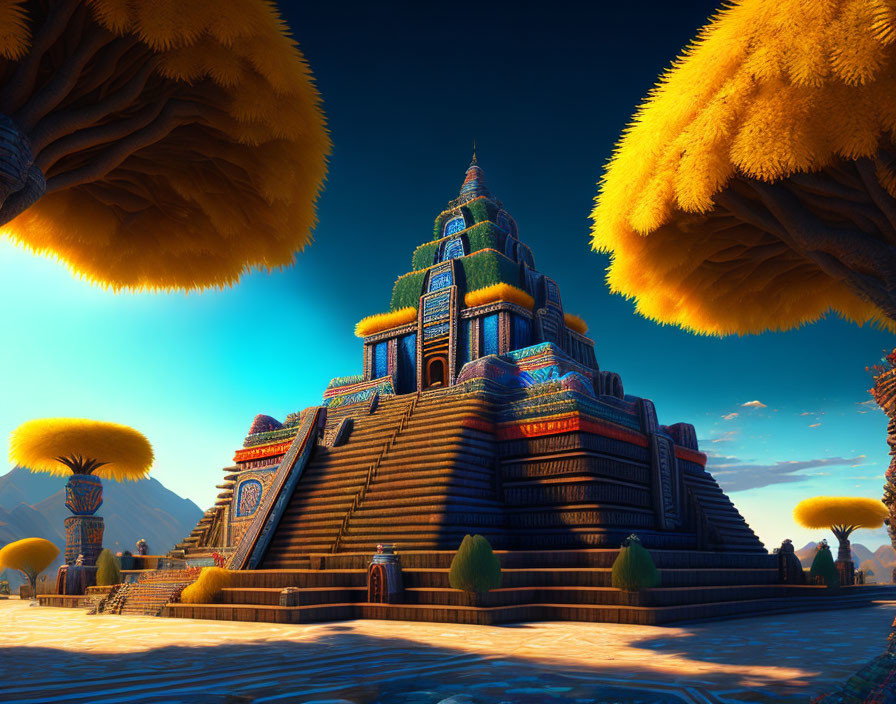 Colorful digital rendering of stepped pyramid in mythical landscape