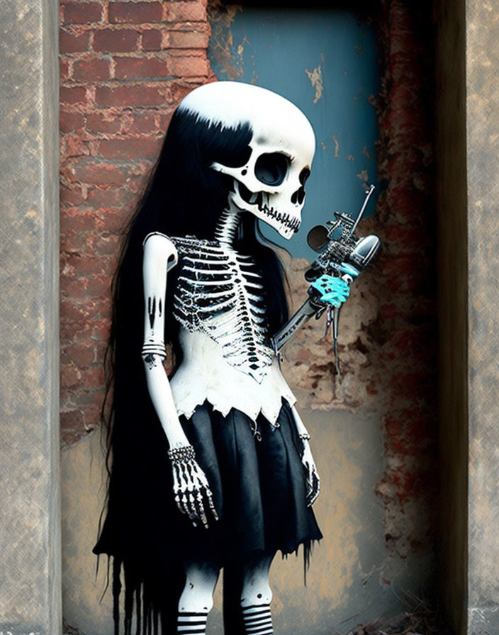 Skeleton figure with long black hair holding a violin by a brick wall