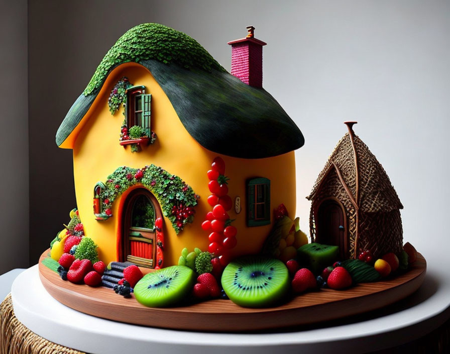 Colorful Cottage Cake with Fresh Fruits and Chocolate Door