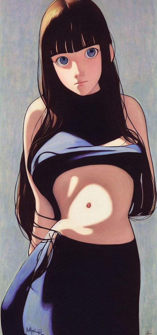 Stylized illustration of a young woman with dark hair and blue eyes in black outfit