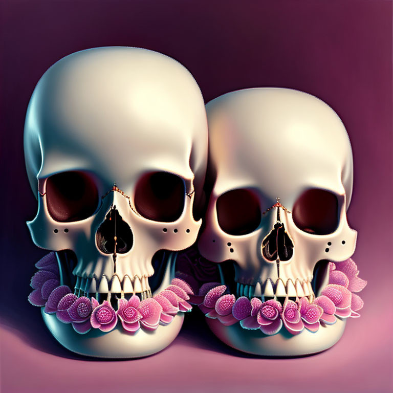 Stylized skull art with floral elements on pink-purple gradient.