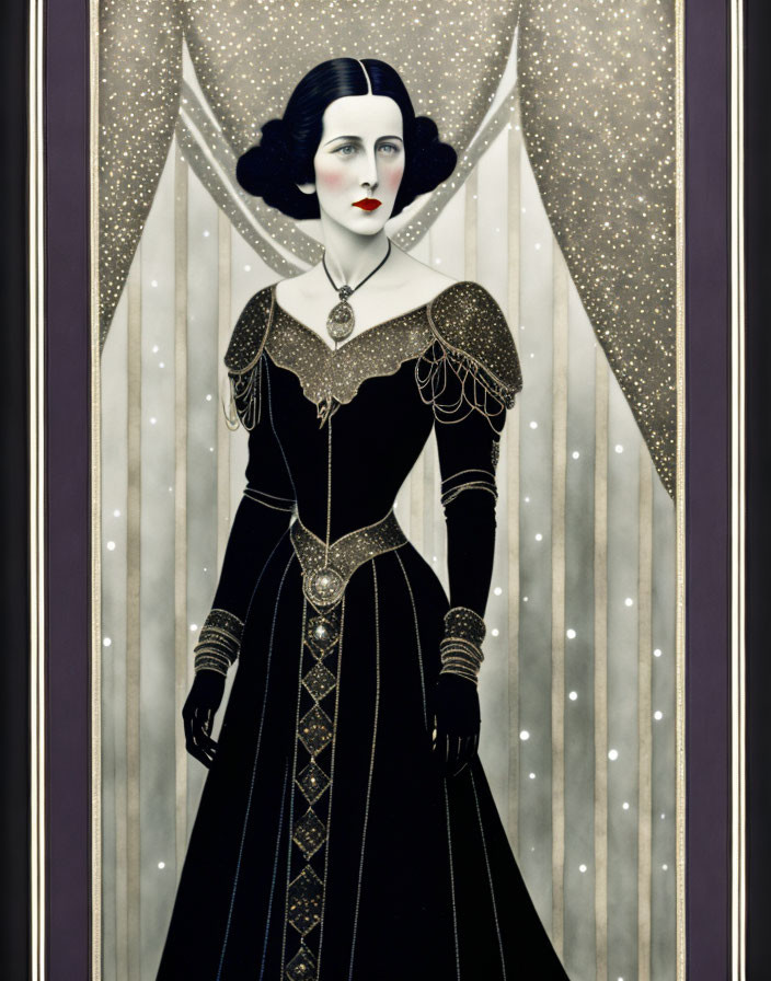 Stylized portrait of a woman in elegant black dress with gold accents