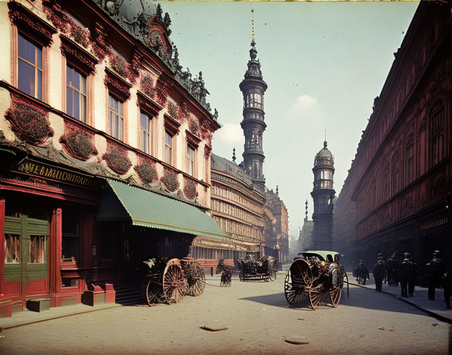 Historic color photo: bustling street with horse carriages and ornate buildings