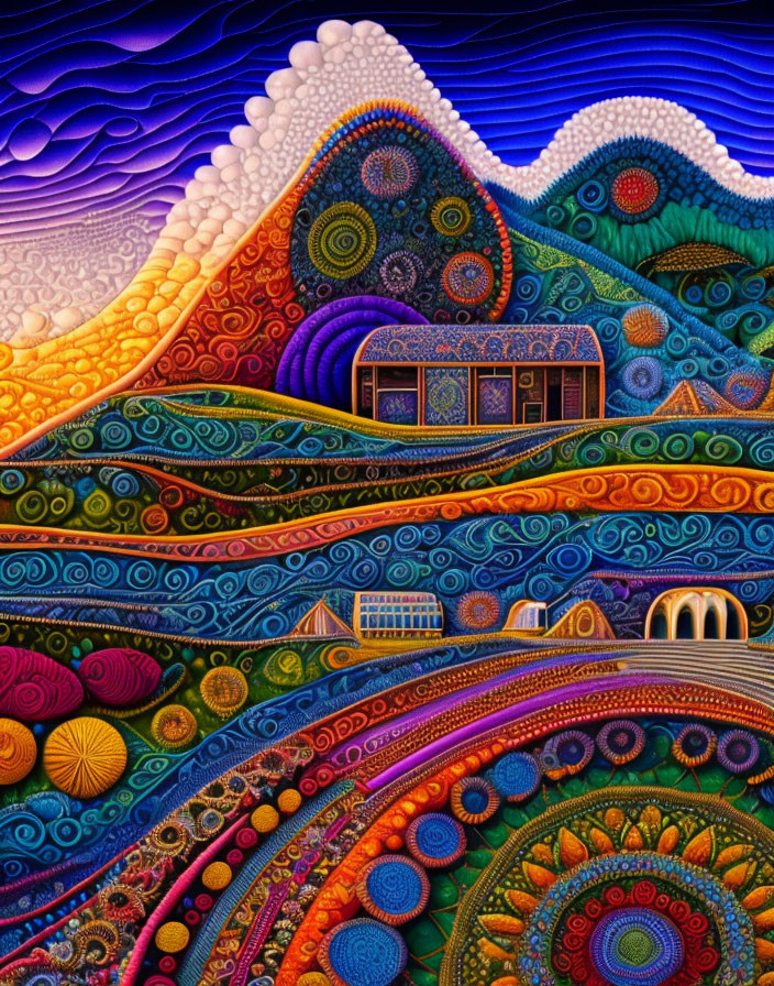 Colorful Psychedelic Landscape with Stylized House and Staircase