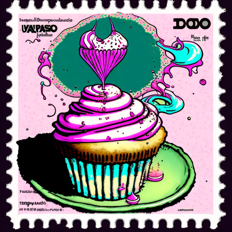 Colorful Cupcake Illustration with Pink and Blue Frosting on Purple Background