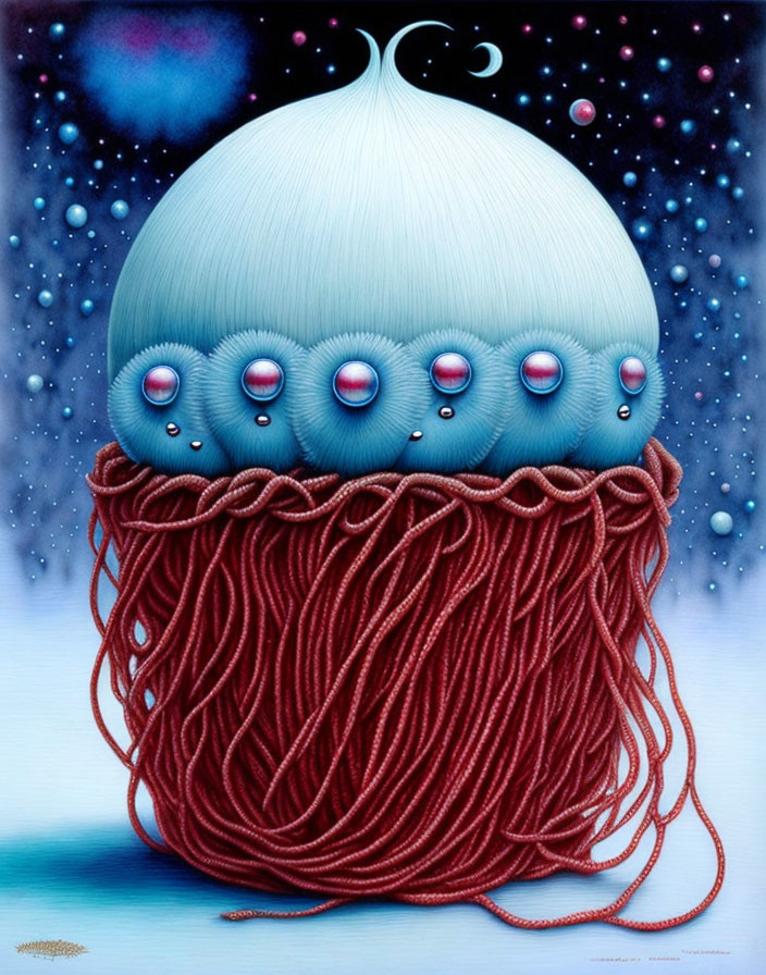 Surreal dome-like structure with white top and blue band on red tendrils