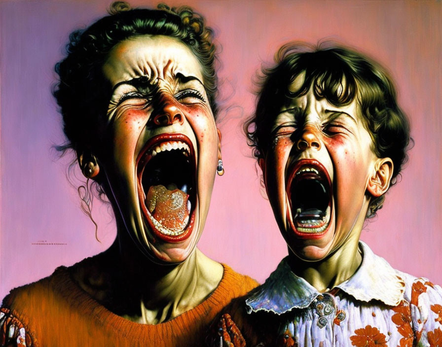 Exaggerated facial expressions of two individuals screaming with mouths wide open.