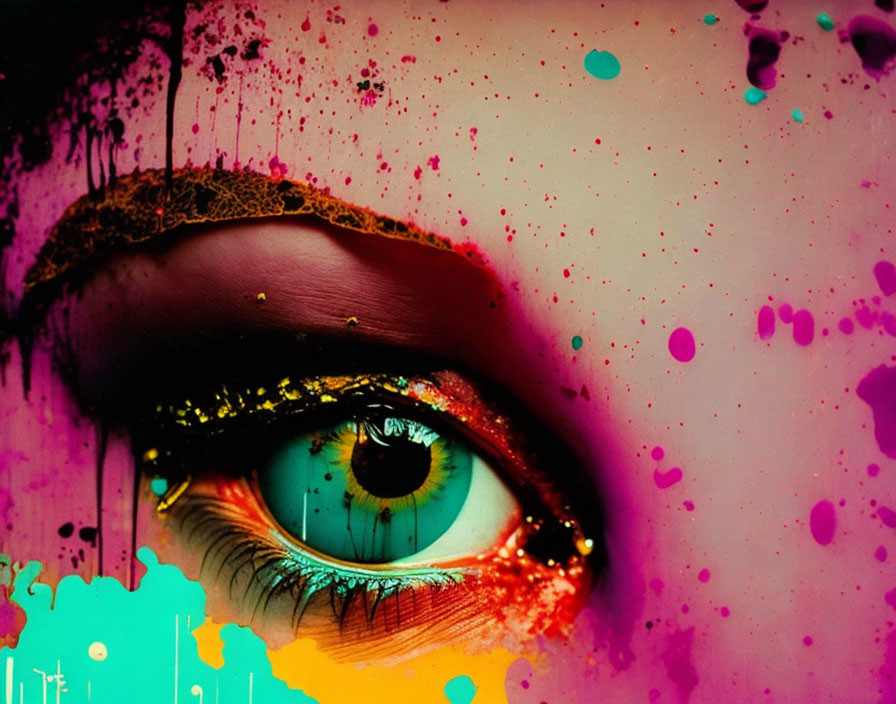 Colorful Close-Up of Eye with Golden Details and Paint Splatters