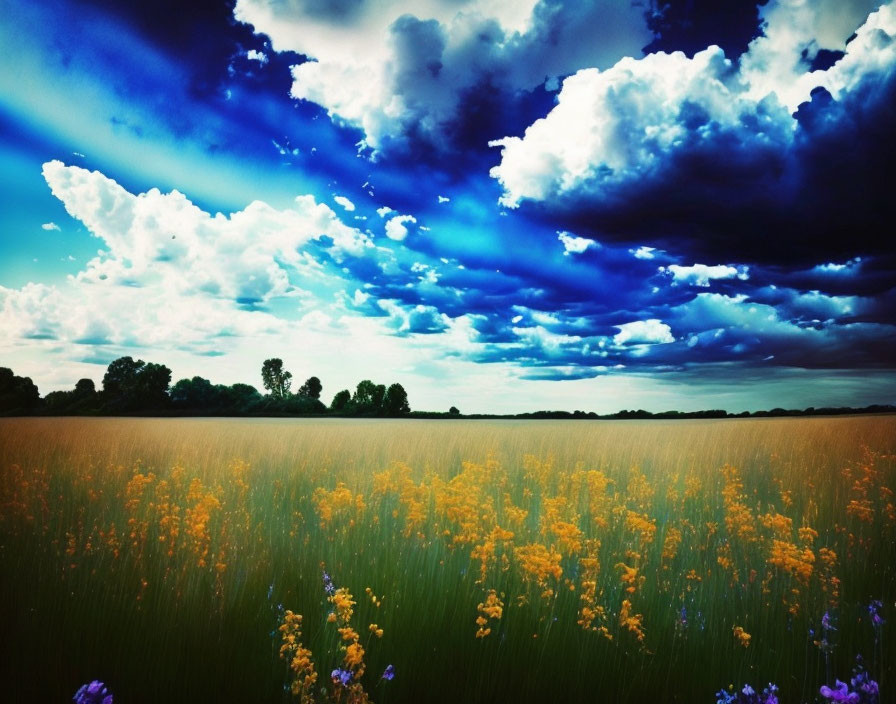 Vibrant yellow flowers in a dramatic blue sky landscape