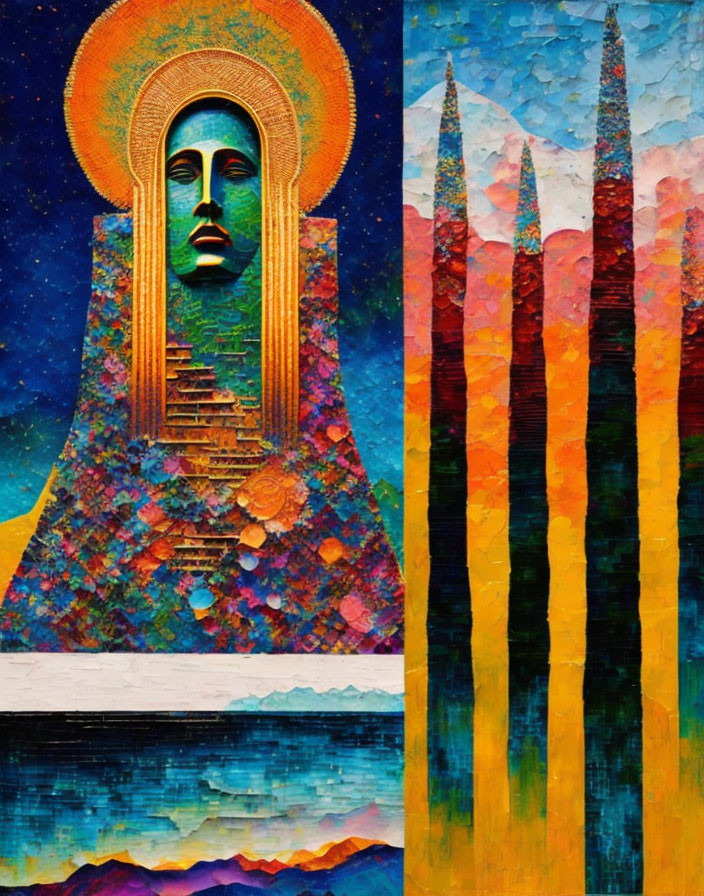 Abstract painting with stylized face, halo, staircase, and colorful triangular forms