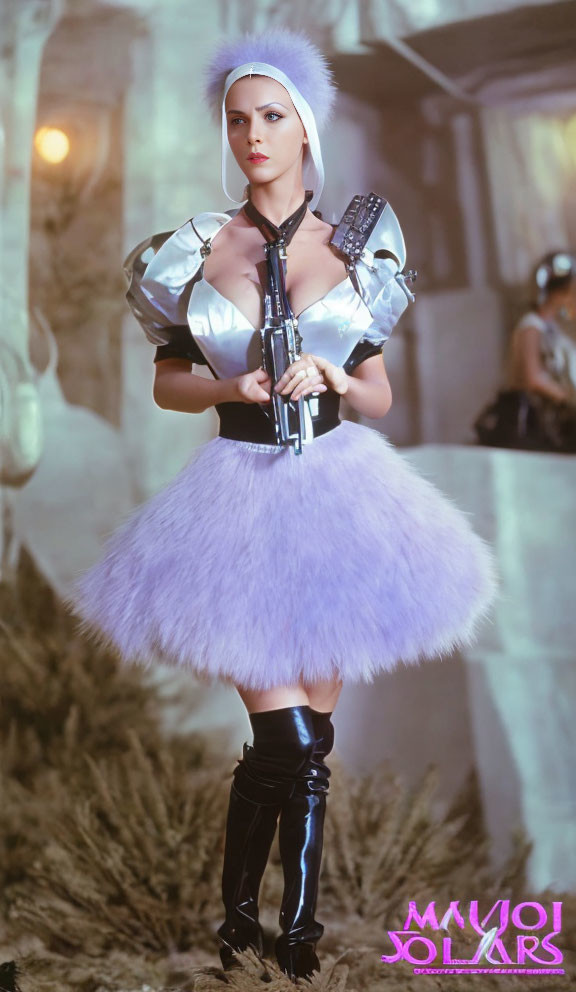 Futuristic costume with silver top, purple skirt, knee-high boots, sci-fi blaster,